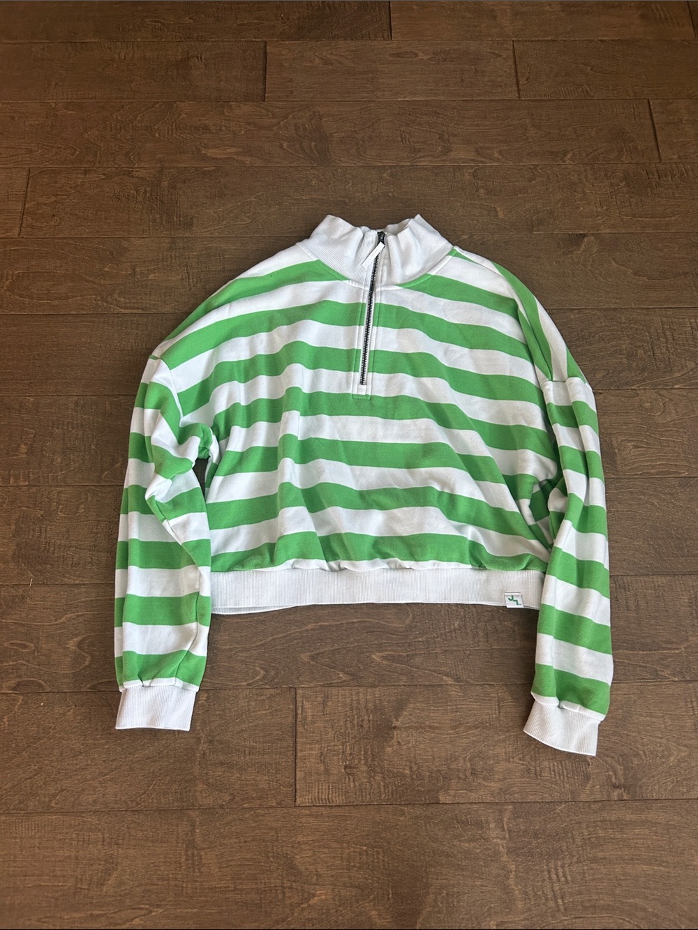 JoyLab Cropped Half-Zip Pullover in Green and White Stripes